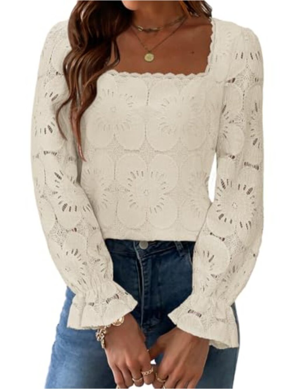Lace Crochet Boho Blouse Square Neck Puff Sleeve Embroidered Top